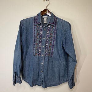 Vtg Napa Valley Denim Shirt S Embroidered Hearts Floral Cottagecore Boho Grandma